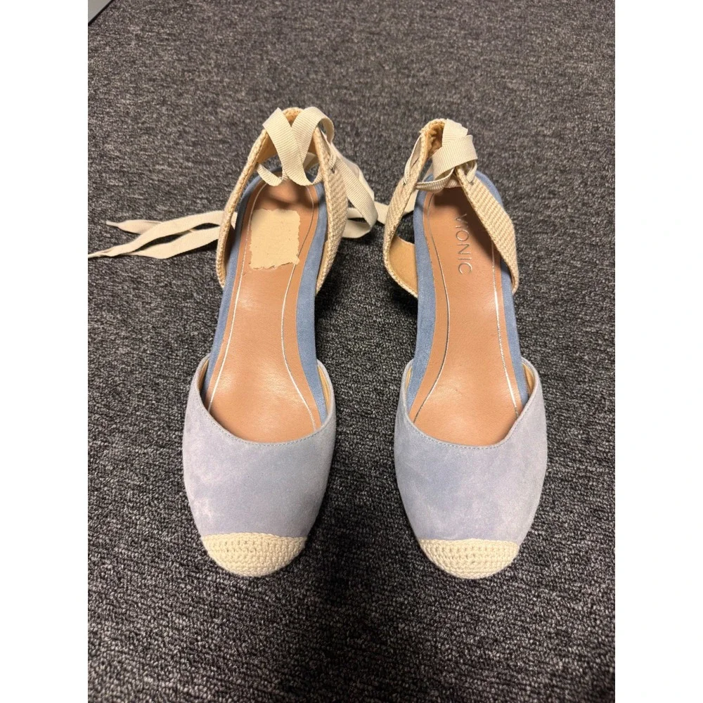 Vionic Maris Light Blue Suede Ankle Tie Espadrille Wedge Sandals Womens 10